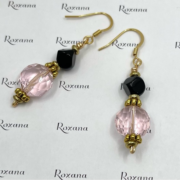 Black & Pink Lampwork Glass Crystal dangle Earrings 14k gold plated earring hook - Picture 2 of 2